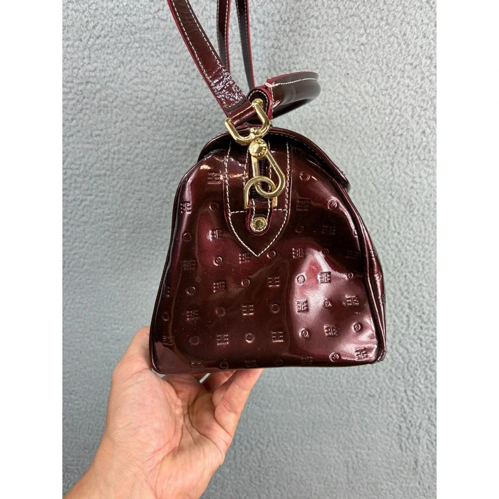 Arcadia Monogram Embossed Satchel Crossbody Bag Womens M Burgundy Patent Italy